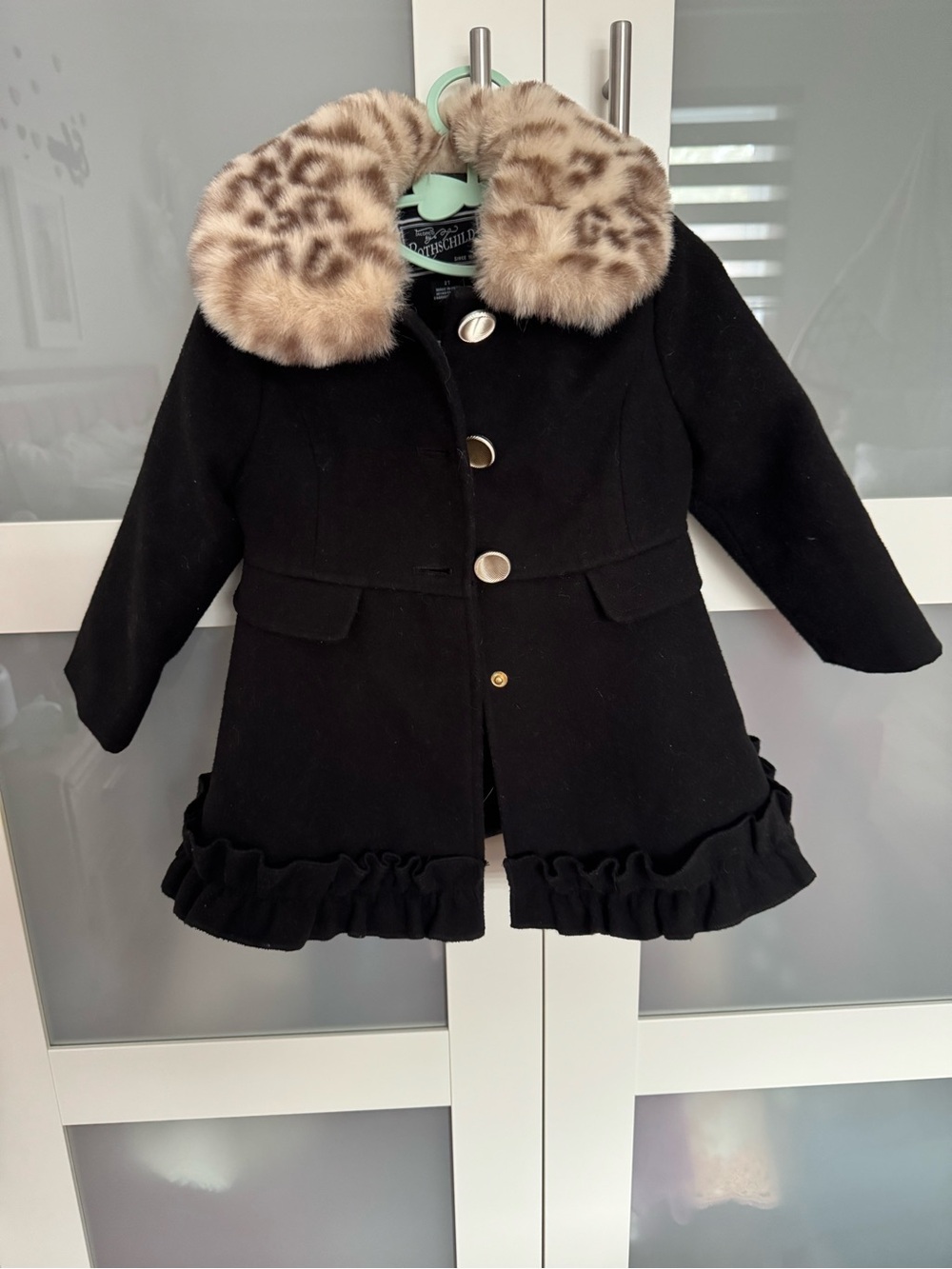Rothschild Black Girls' Coat with Faux Leopard Collar